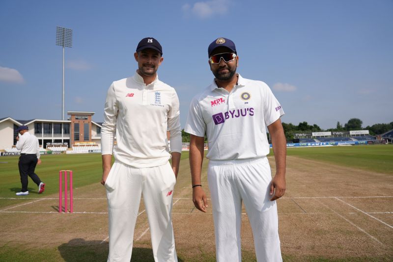 India captain Rohit Sharma (R) and County Select XI captain Will Rhodes (L) at the toss [Credits: BCCI]