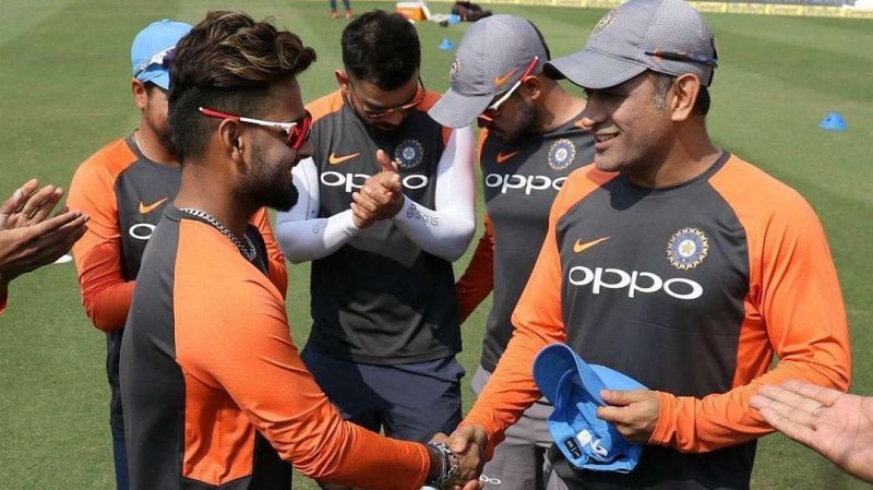 Rishabh Pant receiving ODI cap from MS Dhoni