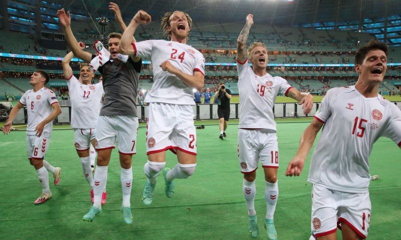 Denmark players rejoice after reaching the Euro 2020 semi-finals.