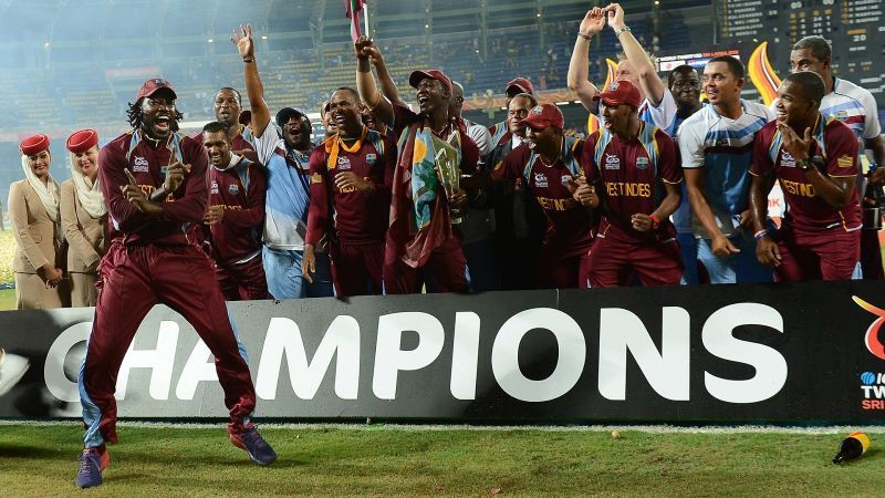 Chris Gayle celebrates winning the T20 World Cup