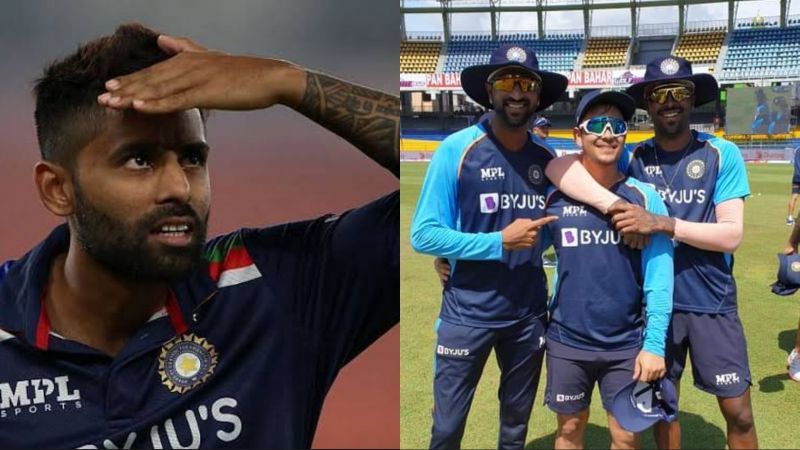 Suryakumar Yadav (L); Ishan Kishan with Krunal and Hardik Pandya