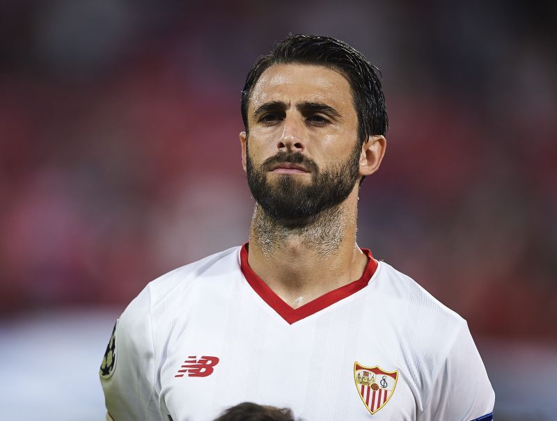 Pareja donning Sevilla&#039;s jersey in the UEFA Champions League