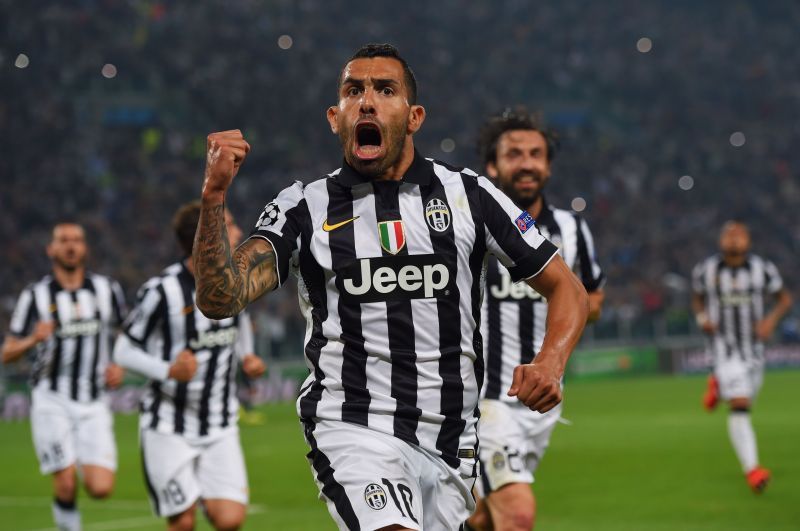 Carlos Tevez celebrates a UEFA Champions League goal for Juventus