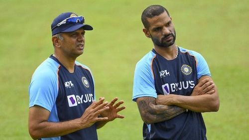 Rahul Dravid (L) and Shikhar Dhawan oversee India's practice session in Sri Lanka (PC: BCCI)