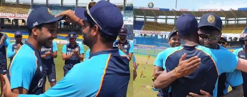 Chetan Sakariya (L) got his debut cap from Bhuvneshwar Kumar. (Pic Credits :BCCI)