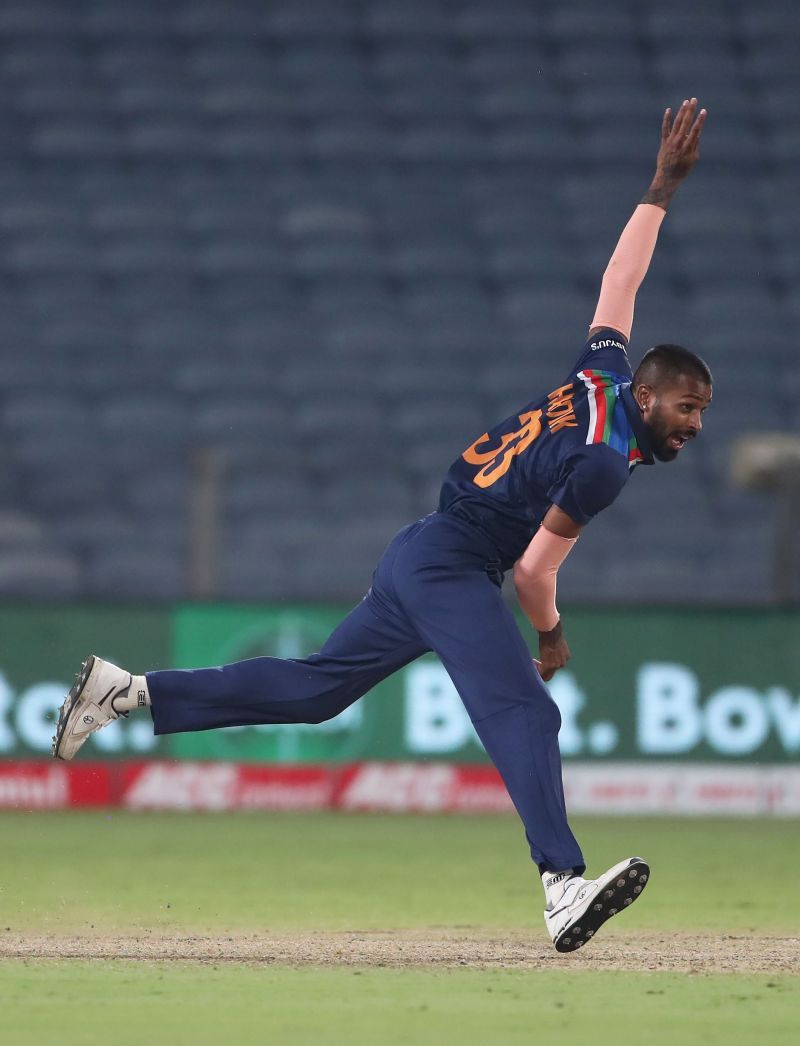 Hardik Pandya bowling for India against England. Image courtesy Getty Images