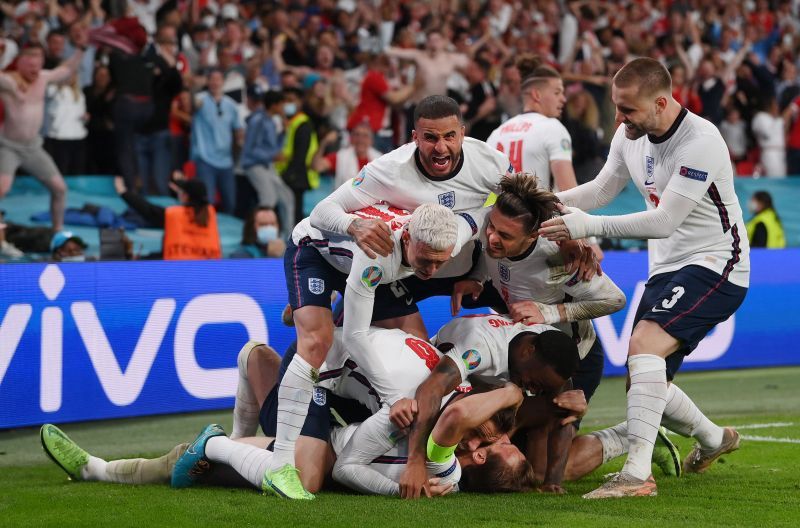 England players after scoring against Denmark in their UEFA Euro 2020 semi-final.