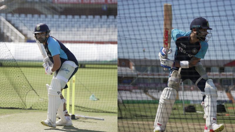 Rohit Sharma (L) and Virat Kohli in action in India&#039;s practice session.
