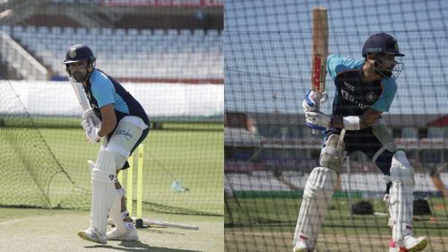 Rohit Sharma (L) and Virat Kohli in action in India's practice session.