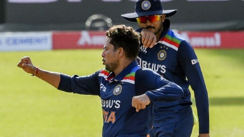 Kuldeep Yadav celebrates a wicket