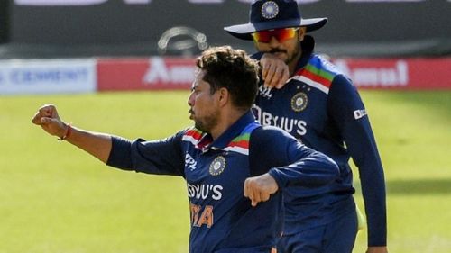 Kuldeep Yadav celebrates a wicket