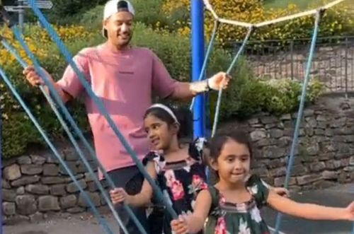 Mayank Agarwal with Ravichandra Ashwin's two daughters. Pic Credits: Rashwin99 Instagram