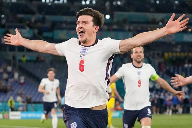 Harry Maguire is ecstatic after scoring against Ukraine in Rome.