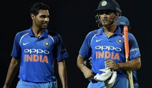 MS Dhoni and Bhuvneshwar Kumar after their match-winning partnership at Pallekele (Photo: Twitter)