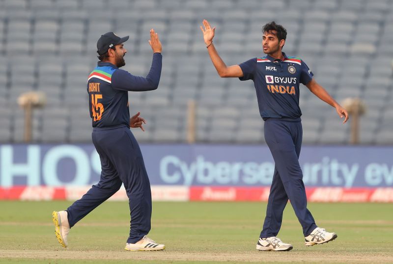 Bhuvneshwar Kumar celebrates after taking a wicket