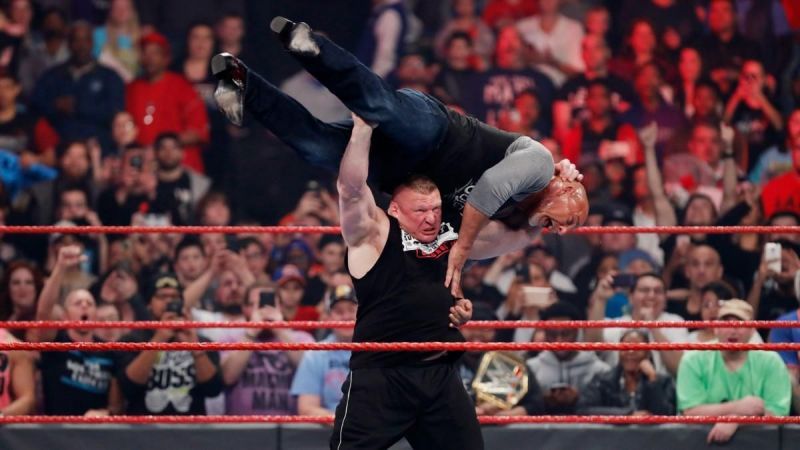 Brock Lesnar delivering an F-5 to Goldberg