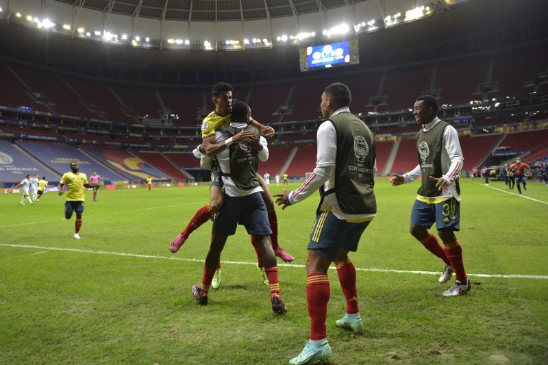 Luis Diaz celebrates after scoring against Argentina