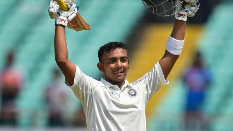 Prithvi Shaw celebrates his maiden Test century on debut