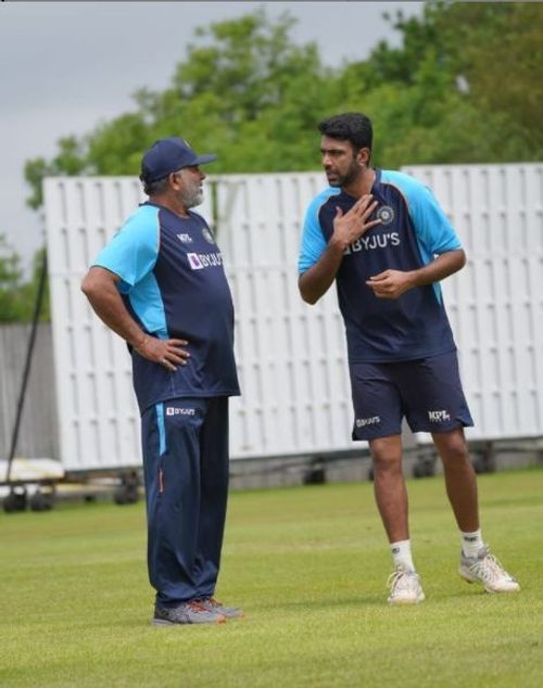 Ravichandran Ashwin with bowling coach Bharat Arun