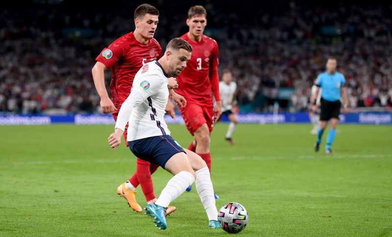 Jordan Henderson in action during England v Denmark - UEFA Euro 2020: Semi-final