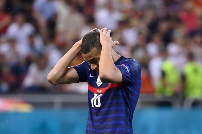 Kylian Mbappe after his missed penalty against Switzerland.