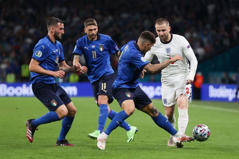 Luke Shaw (right) opened the scoring for England in the UEFA Euro 2020 Final.