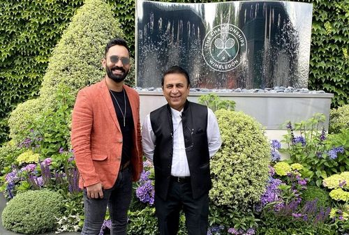 Dinesh Karthik with Sunil Gavaskar at Wimbledon. Pic: Dinesh Karthik/ Twitter