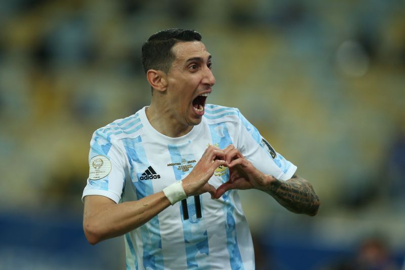 Angel Di Maria rejoices after scoring in the Copa America Brazil 2021 final.