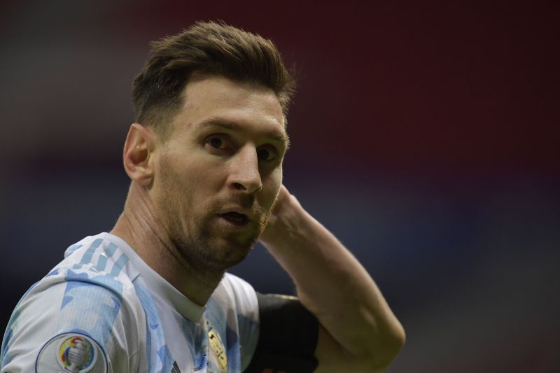 Messi looks on during Argentina&#039;s match against Colombia