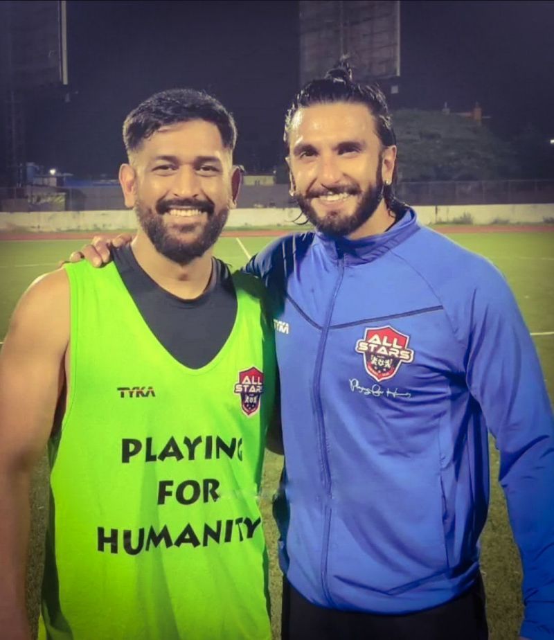 MS &lt;a href=&#039;https://www.sportskeeda.com/player/ms-dhoni&#039; target=&#039;_blank&#039; rel=&#039;noopener noreferrer&#039;&gt;Dhoni&lt;/a&gt; with Ranveer Singh during All-Stars football practice match