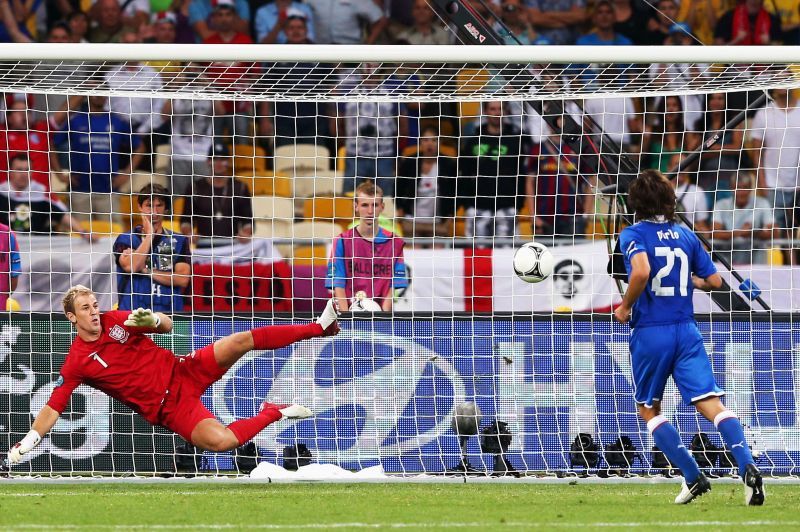 Andrea Pirlo (right) scored an incredible &#039;Panenka&#039; against Joe Hart in the Euro 2012 quarter-finals.
