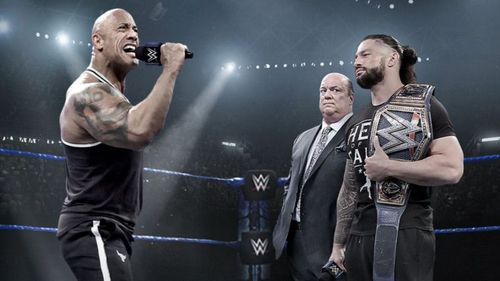 The Rock, Paul Heyman, and Roman Reigns