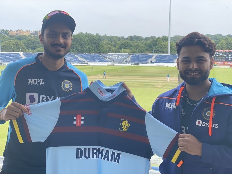 Axar Patel and Rishabh Pant with the Durham jersey. Pic: Durham Cricket/ Twitter