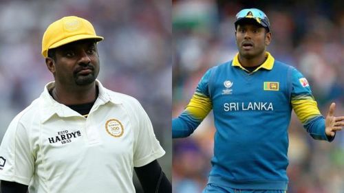 Muttiah Muralitharan (L) and Angelo Mathews (R)