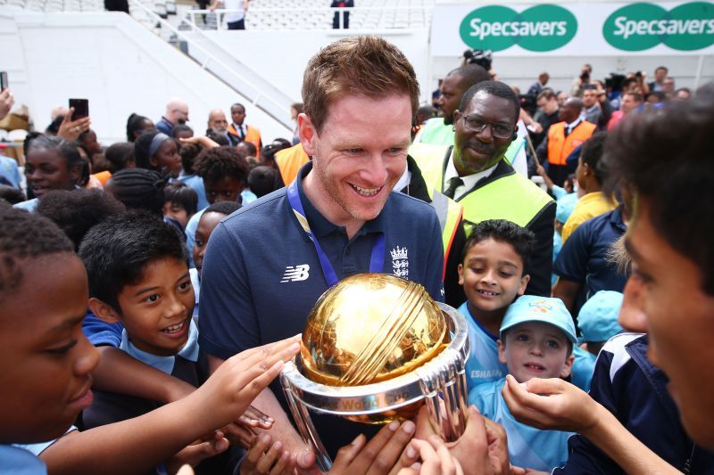Eoin Morgan with the ICC World Cup Trophy