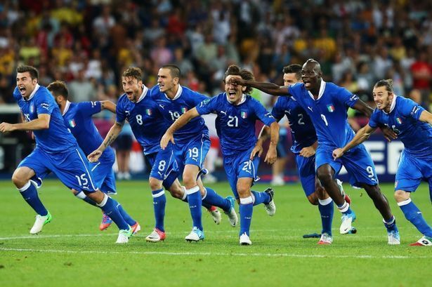 Italy players exult after their penalty-shootout win over England in the Euro 2012 quarter-final.