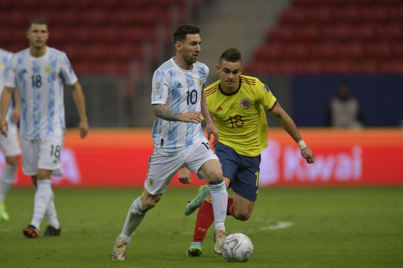 Lionel Messi in action for Argentina against Colombia
