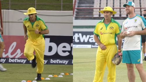 Screengrabs from Justin Langer's time in an Australian training session.