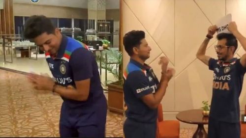 Kuldeep Yadav's (L) hilarious game of charades with Yuzvendra Chahal