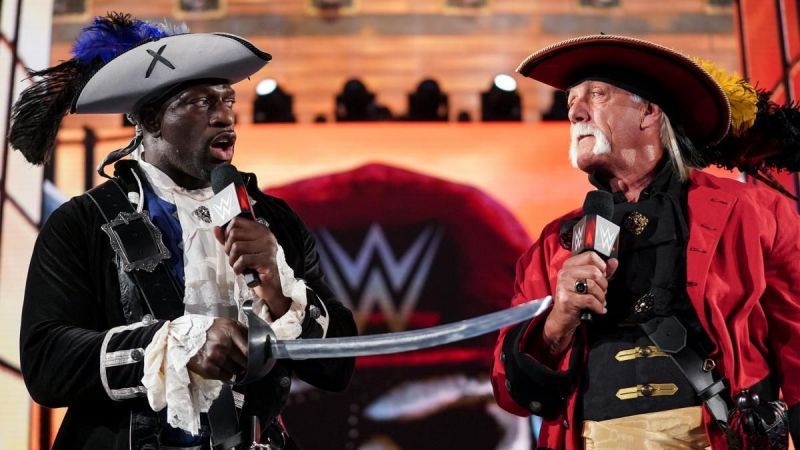 Hulk Hogan and Titus O&#039;Neil performing on the WrestleMania stage