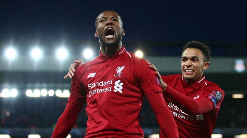 Georginio Wijnaldum exults after scoring against Barcelona.