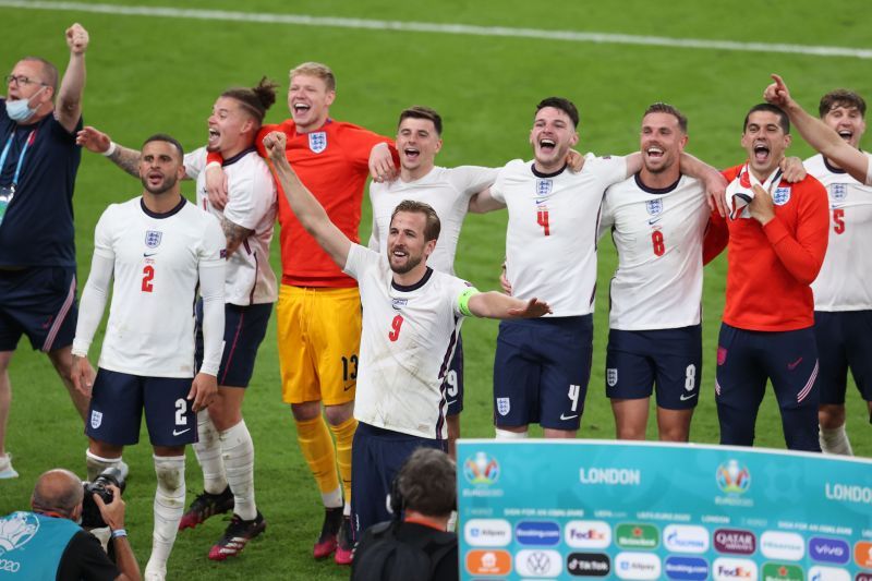 England players rejoice after reaching the Euro 2020 final at the expense of Denmark