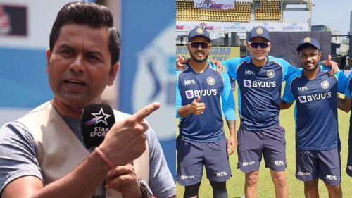 Aakash Chopra (L) and three of India's debutants (R)