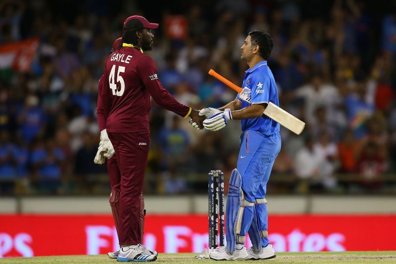MS Dhoni and Chris Gayle during the 2015 Cricket World Cup