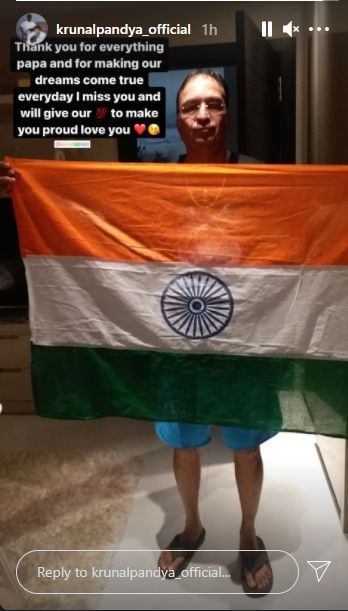 Krunal Pandya's father standing with the Indian flag (Credit: Instagram)