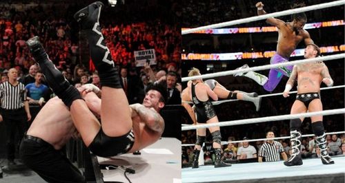 Kane chokeslams CM Punk; CM Punks receives the clothesline from Kofi Kingston