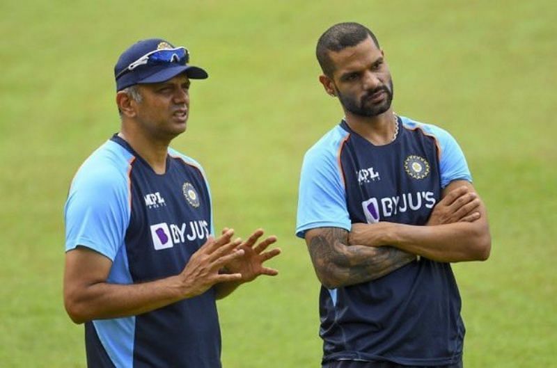 Rahul Dravid (L) alongside Shikhar Dhawan in Sri Lanka