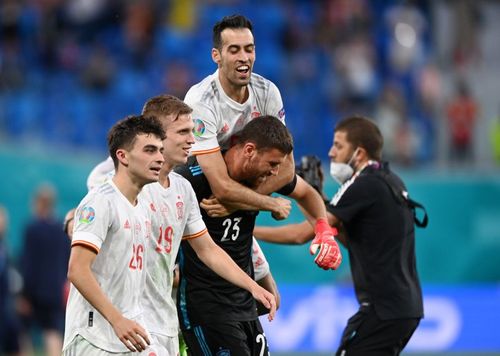 Spanish players are jubilant after beating Switzerland in a shootout. EFA Euro 2020: Quarter-final