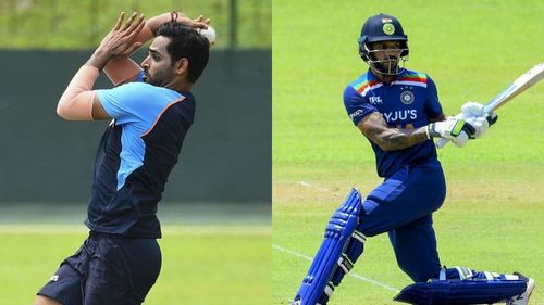 Bhuvneshwar Kumar (L) and Shikhar Dhawan in the intra-squad match on Monday.