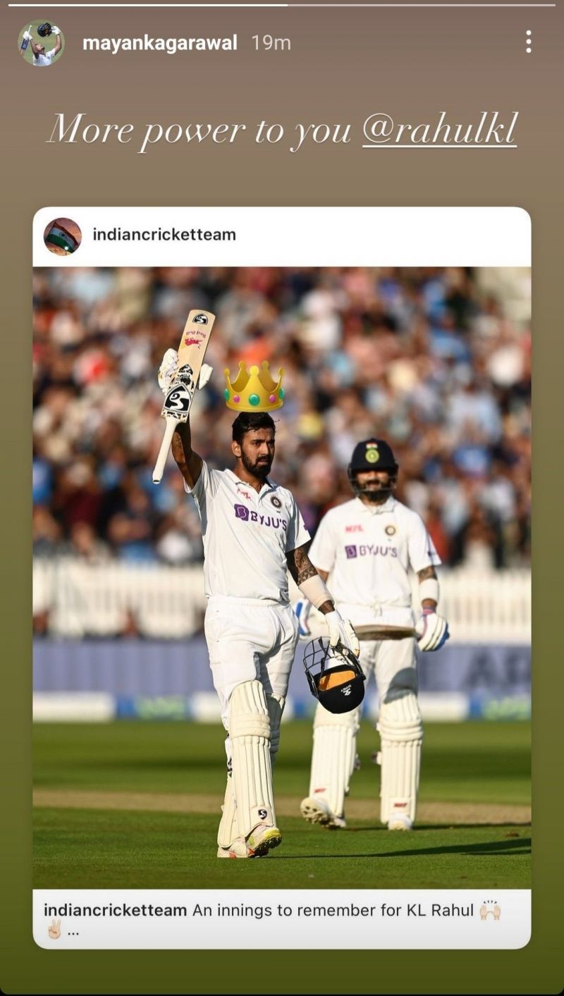 Mayank Agarwal also took to Instagram to show his PBKS skipper some love